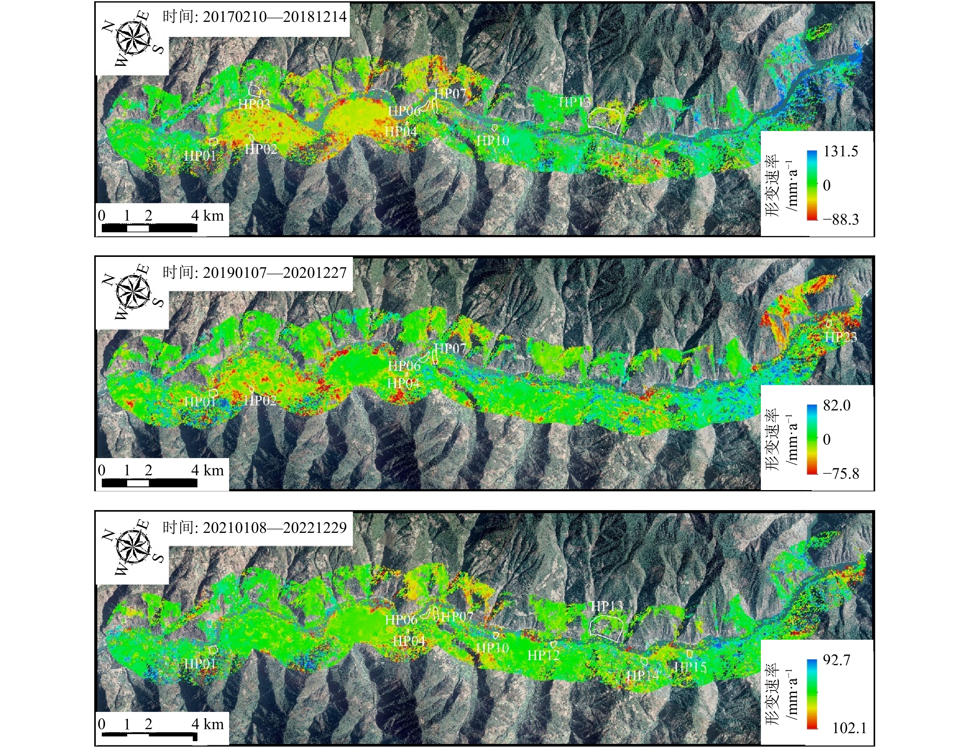 HP13特征点形变与降雨量的交叉小波功率谱和小波相干谱